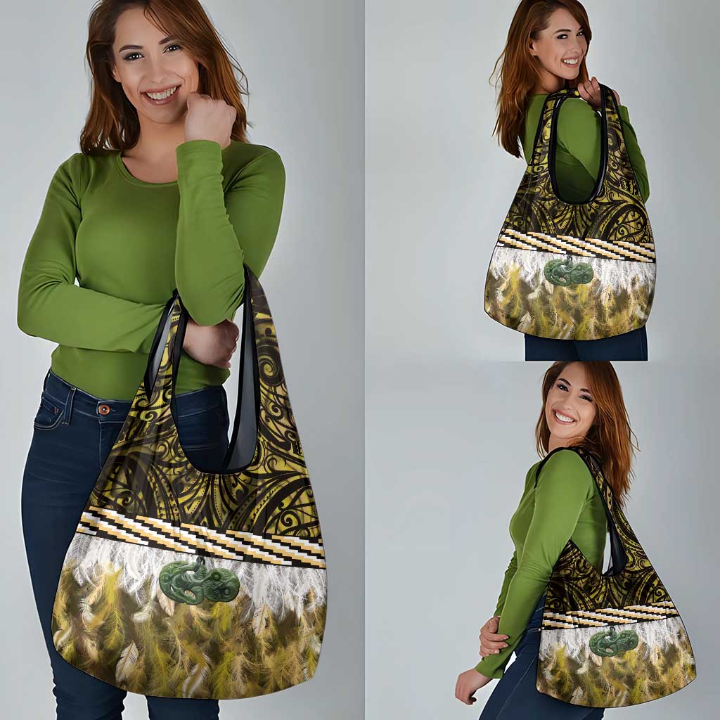 Yellow Traditional Cloak Aotearoa Grocery Bag Maori Paua Shell Korowai Pattern