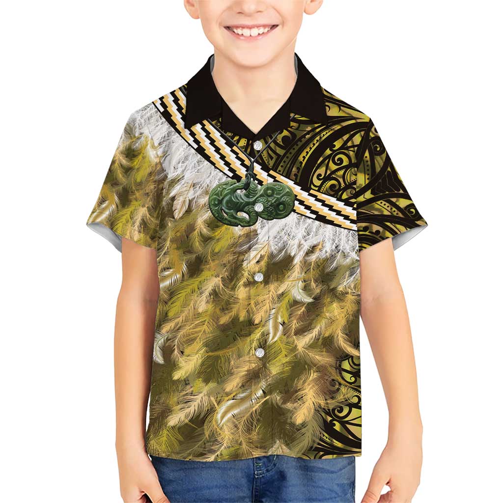 Yellow Traditional Cloak Aotearoa Kid Hawaiian Shirt Maori Paua Shell Korowai Pattern LT14 Kid Yellow - Polynesian Pride