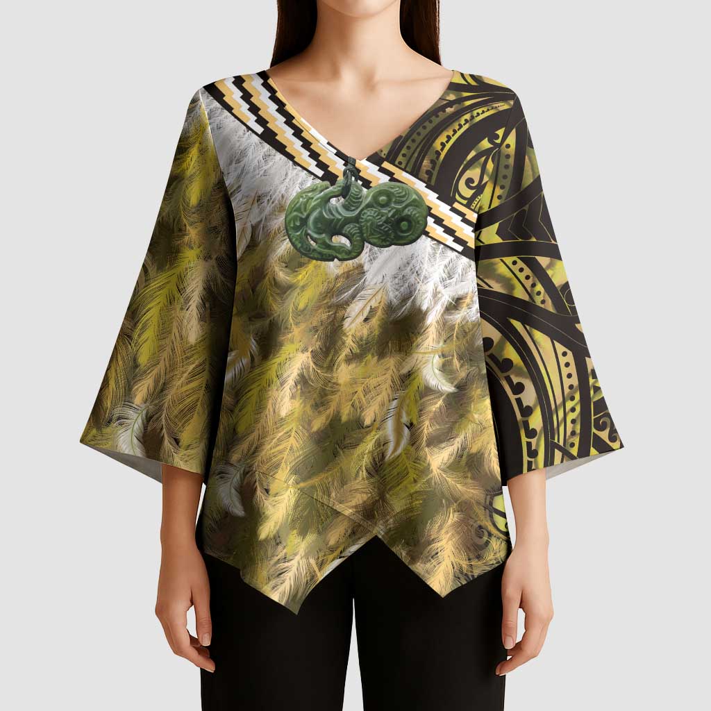 Yellow Traditional Cloak Aotearoa Kimono Sleeve Blouse Maori Paua Shell Korowai Pattern - Polynesian Pride