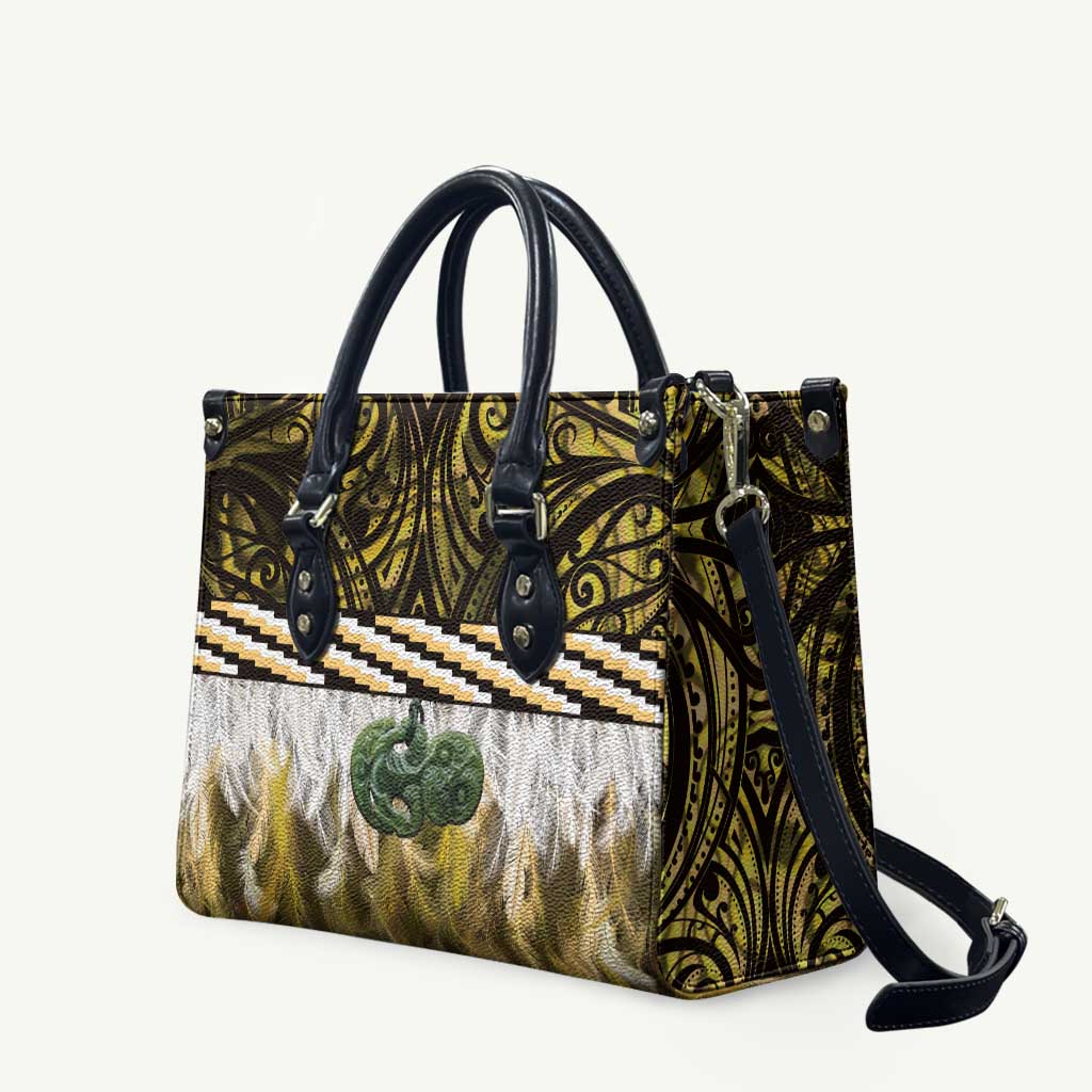 Yellow Traditional Cloak Aotearoa Leather Bag Maori Paua Shell Korowai Pattern - Polynesian Pride