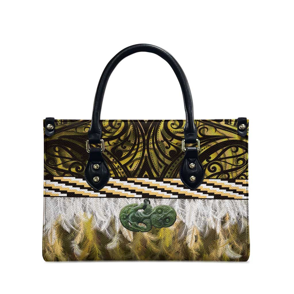 Yellow Traditional Cloak Aotearoa Leather Bag Maori Paua Shell Korowai Pattern - Polynesian Pride