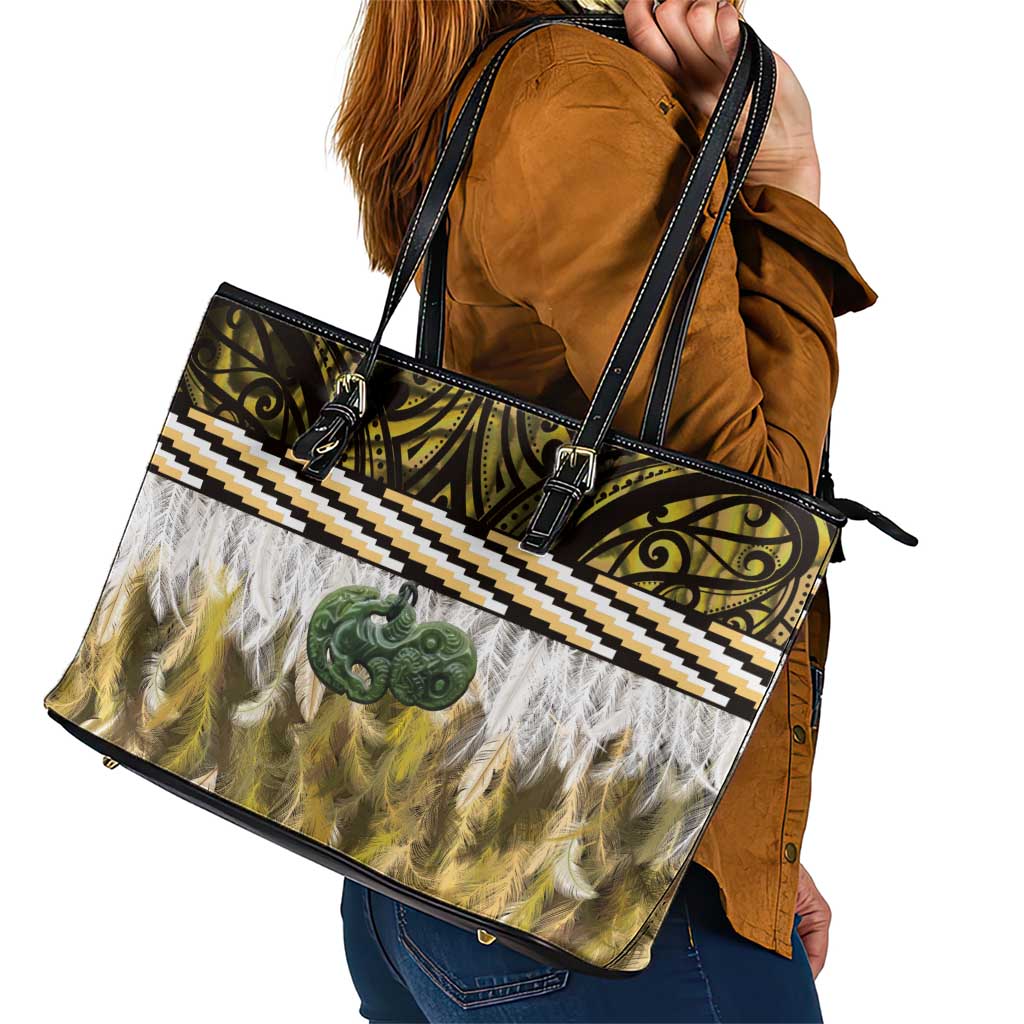 Yellow Traditional Cloak Aotearoa Leather Tote Bag Maori Paua Shell Korowai Pattern