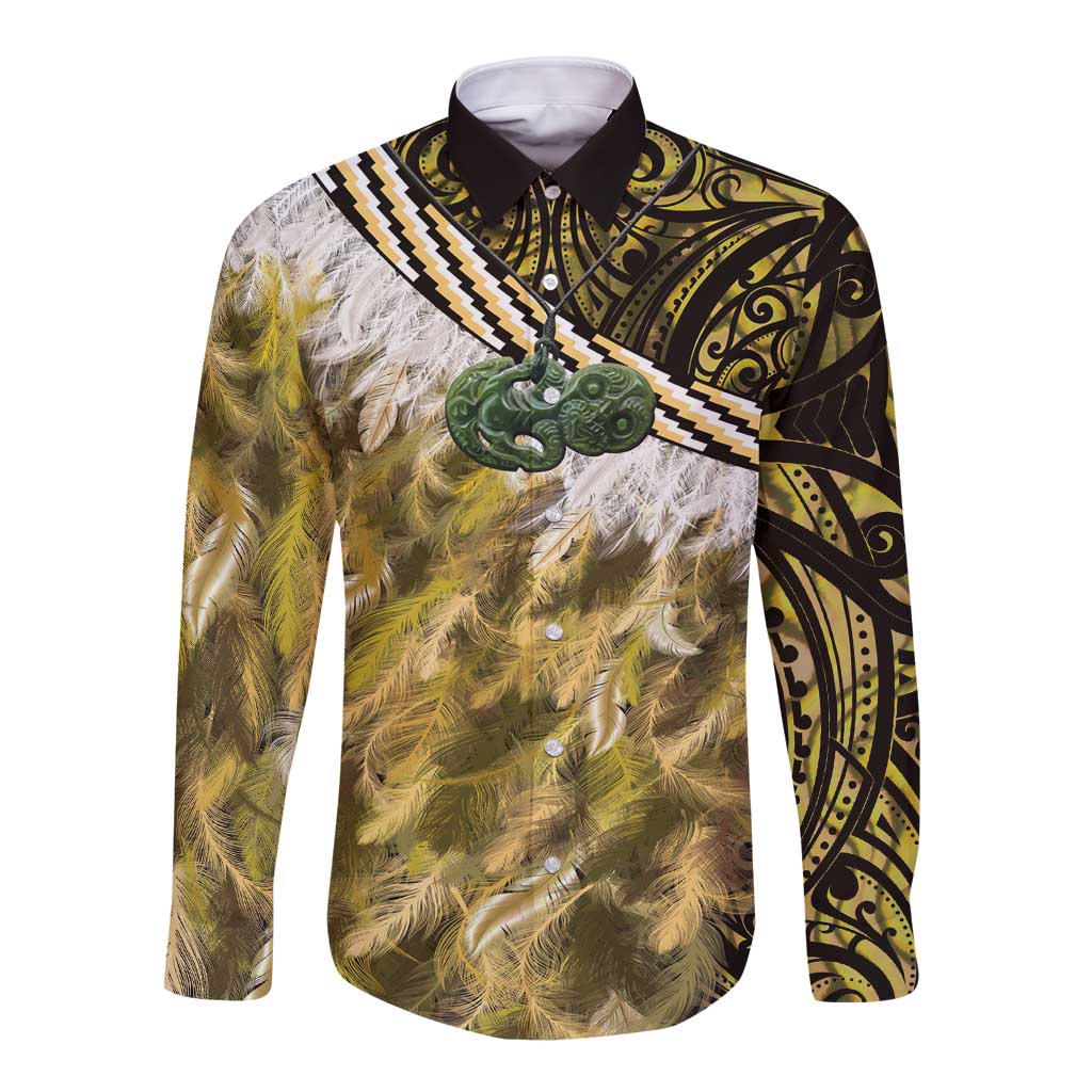 Yellow Traditional Cloak Aotearoa Long Sleeve Button Shirt Maori Paua Shell Korowai Pattern LT14 Unisex Yellow - Polynesian Pride