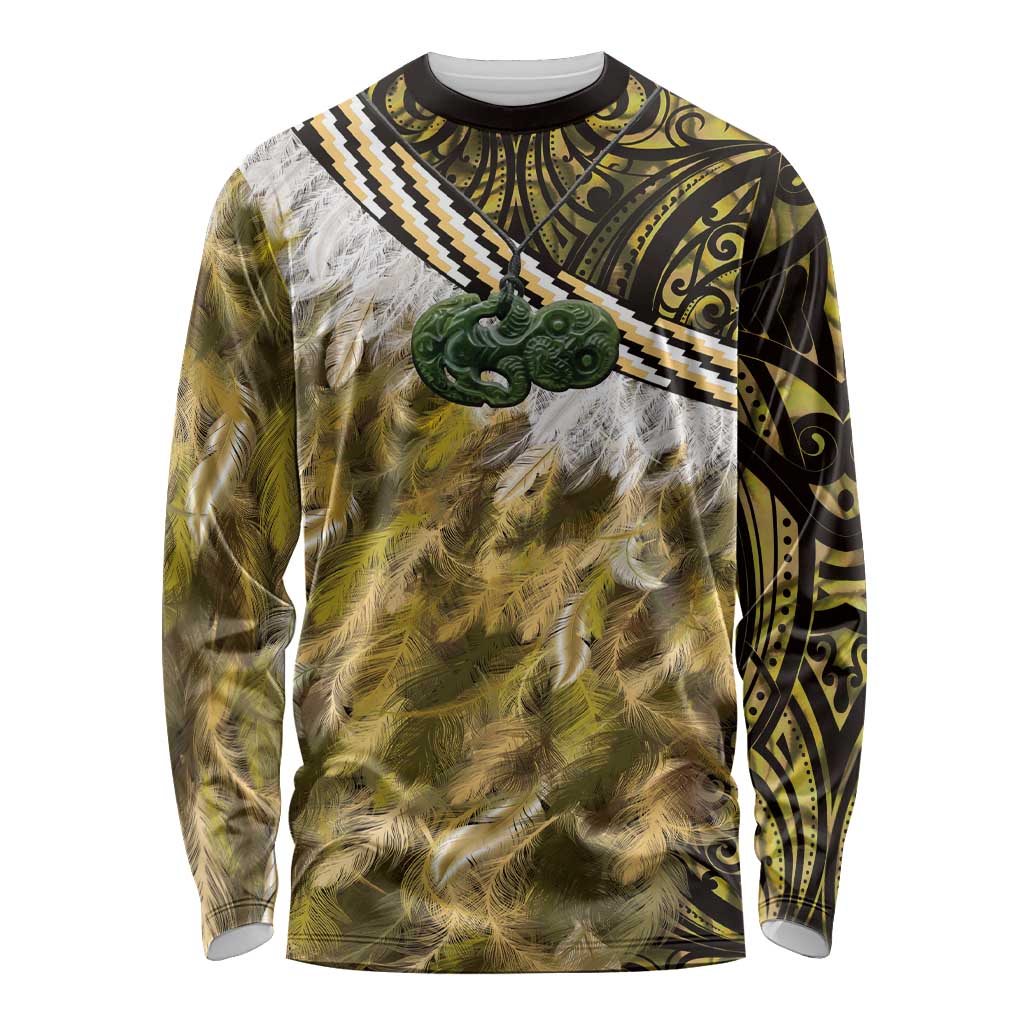 Yellow Traditional Cloak Aotearoa Long Sleeve Shirt Maori Paua Shell Korowai Pattern LT14 Unisex Yellow - Polynesian Pride