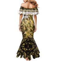 Yellow Traditional Cloak Aotearoa Mermaid Dress Maori Paua Shell Korowai Pattern