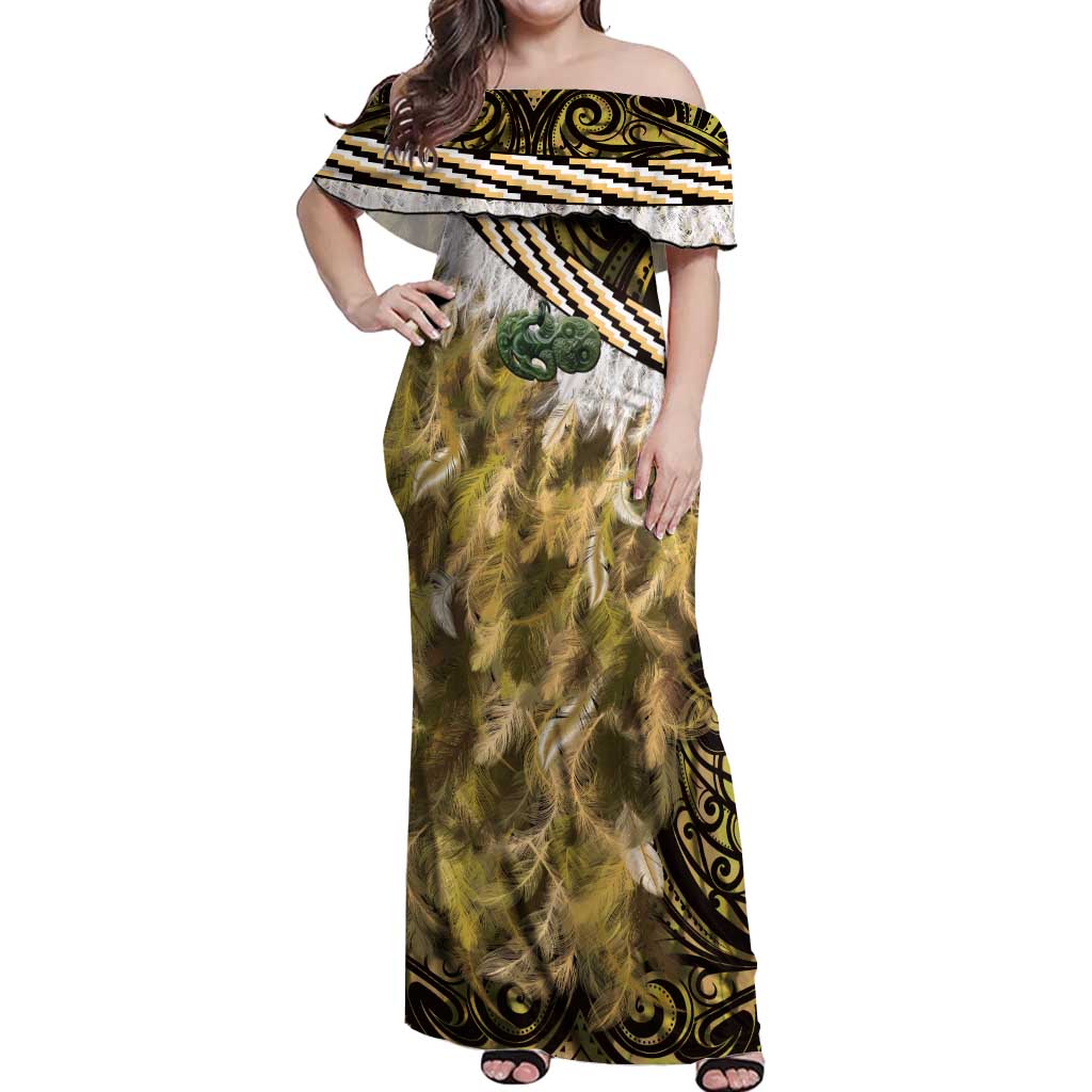 Yellow Traditional Cloak Aotearoa Off Shoulder Maxi Dress Maori Paua Shell Korowai Pattern LT14 Women Yellow - Polynesian Pride