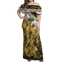 Yellow Traditional Cloak Aotearoa Off Shoulder Maxi Dress Maori Paua Shell Korowai Pattern LT14 Women Yellow - Polynesian Pride