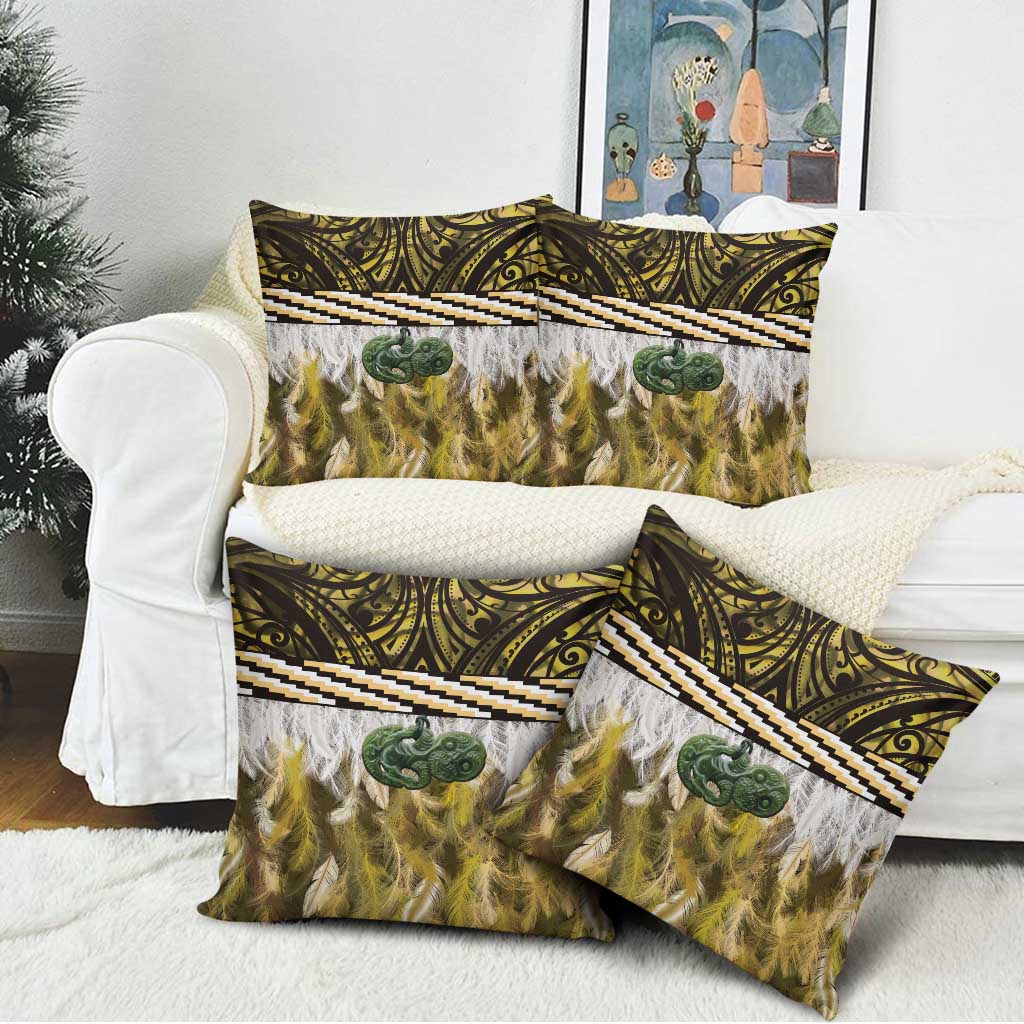 Yellow Traditional Cloak Aotearoa Pillow Cover Maori Paua Shell Korowai Pattern - Polynesian Pride