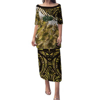 Yellow Traditional Cloak Aotearoa Puletasi Maori Paua Shell Korowai Pattern LT14 Long Dress Yellow - Polynesian Pride