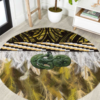 Yellow Traditional Cloak Aotearoa Round Carpet Maori Paua Shell Korowai Pattern
