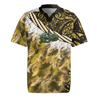 Yellow Traditional Cloak Aotearoa Rugby Jersey Maori Paua Shell Korowai Pattern