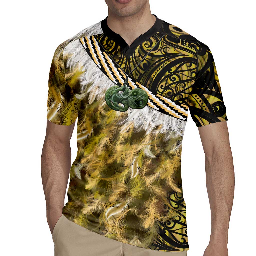 Yellow Traditional Cloak Aotearoa Rugby Jersey Maori Paua Shell Korowai Pattern