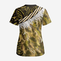 Yellow Traditional Cloak Aotearoa Scrub Top Maori Paua Shell Korowai Pattern - Polynesian Pride