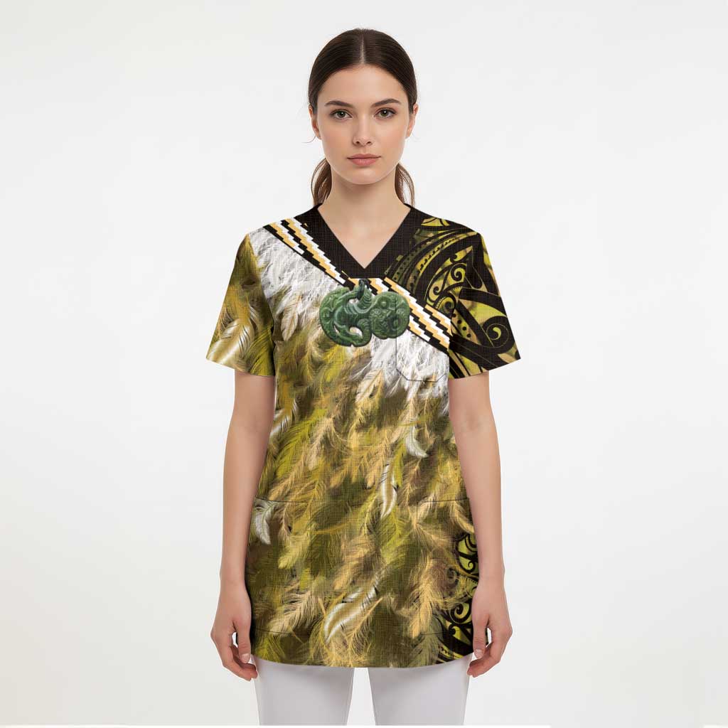 Yellow Traditional Cloak Aotearoa Scrub Top Maori Paua Shell Korowai Pattern - Polynesian Pride