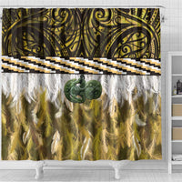 Yellow Traditional Cloak Aotearoa Shower Curtain Maori Paua Shell Korowai Pattern