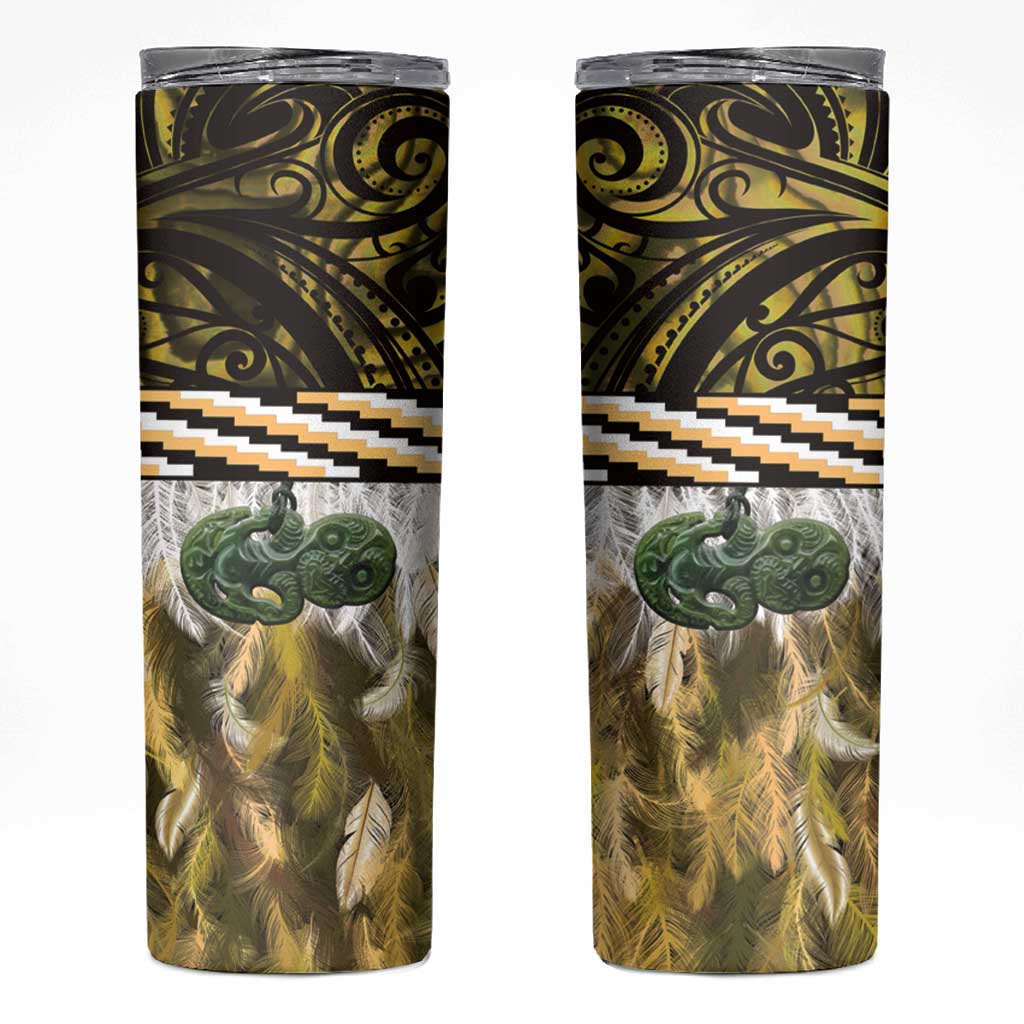 Yellow Traditional Cloak Aotearoa Skinny Tumbler Maori Paua Shell Korowai Pattern