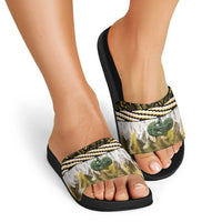 Yellow Traditional Cloak Aotearoa Slide Sandals Maori Paua Shell Korowai Pattern - Polynesian Pride