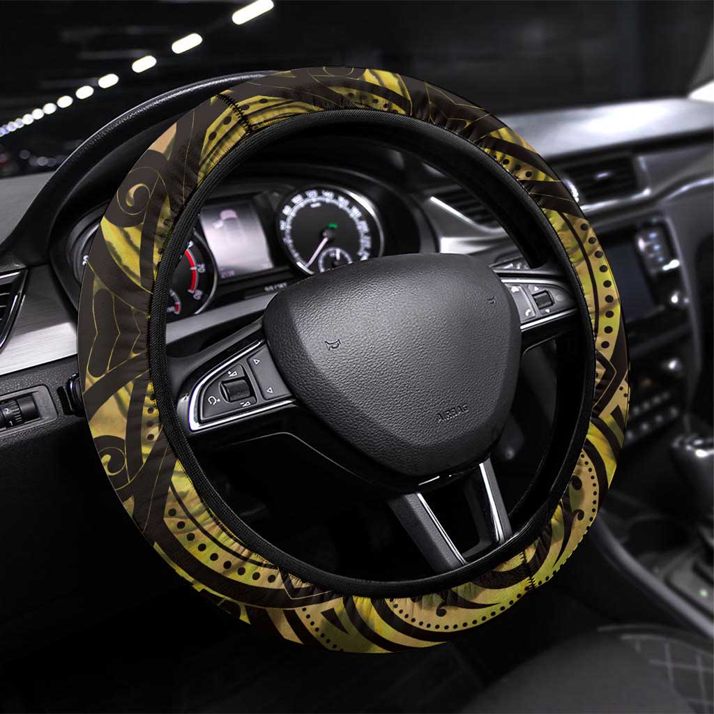 Yellow Traditional Cloak Aotearoa Steering Wheel Cover Maori Paua Shell Korowai Pattern LT14 Universal Fit Yellow - Polynesian Pride