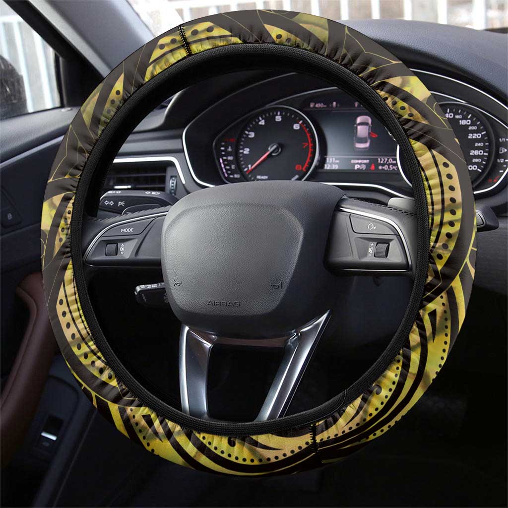 Yellow Traditional Cloak Aotearoa Steering Wheel Cover Maori Paua Shell Korowai Pattern LT14 - Polynesian Pride