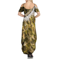 Yellow Traditional Cloak Aotearoa Summer Maxi Dress Maori Paua Shell Korowai Pattern