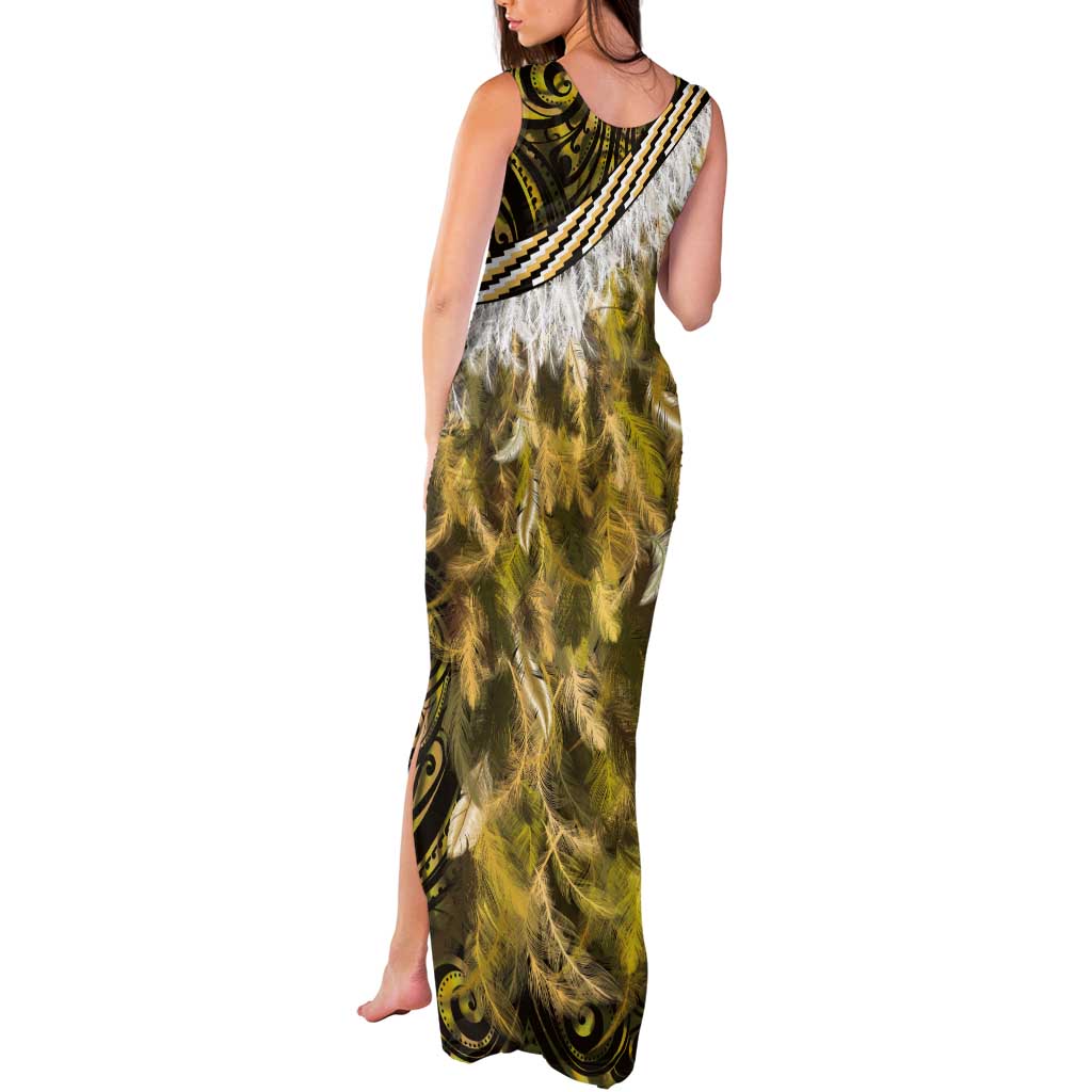 Yellow Traditional Cloak Aotearoa Tank Maxi Dress Maori Paua Shell Korowai Pattern