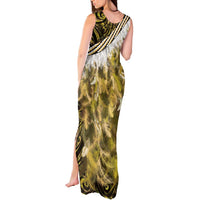 Yellow Traditional Cloak Aotearoa Tank Maxi Dress Maori Paua Shell Korowai Pattern