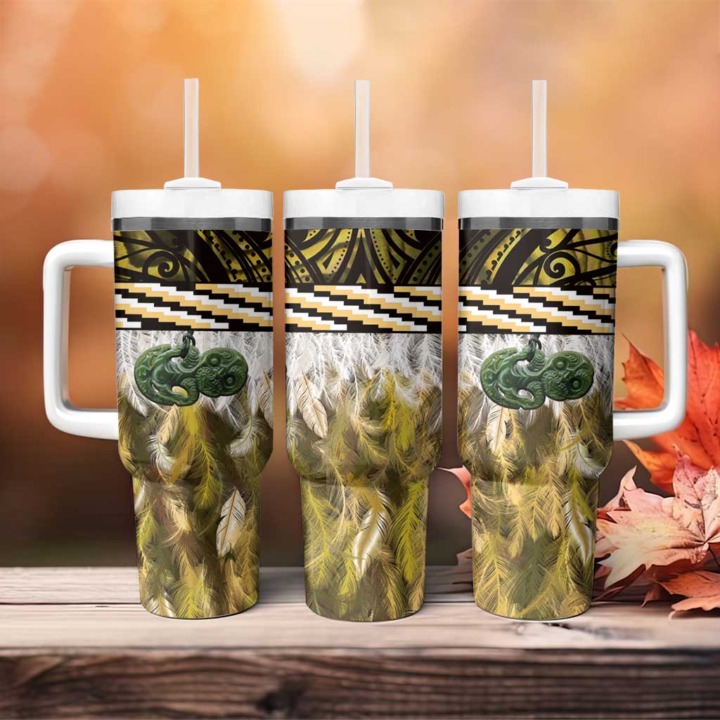 Yellow Traditional Cloak Aotearoa Tumbler With Handle Maori Paua Shell Korowai Pattern