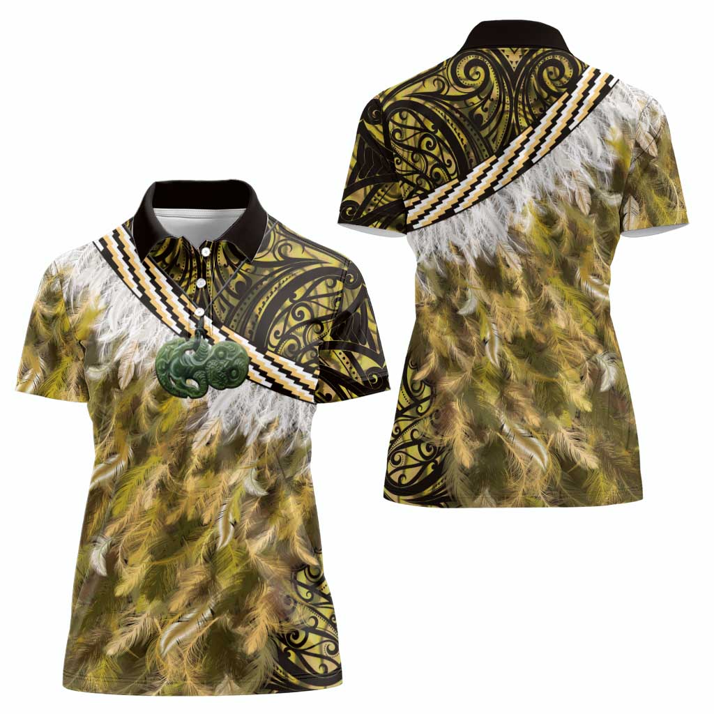 Yellow Traditional Cloak Aotearoa Women Polo Shirt Maori Paua Shell Korowai Pattern