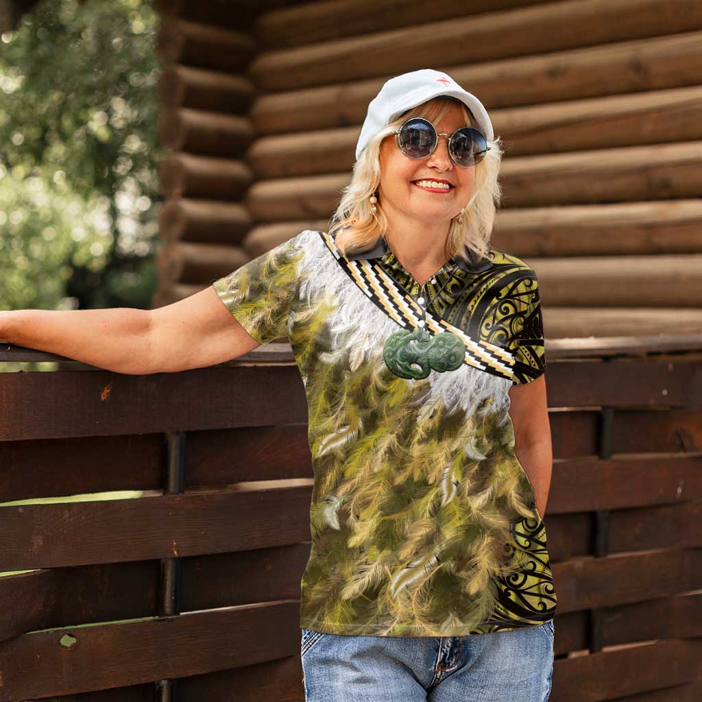 Yellow Traditional Cloak Aotearoa Women Polo Shirt Maori Paua Shell Korowai Pattern