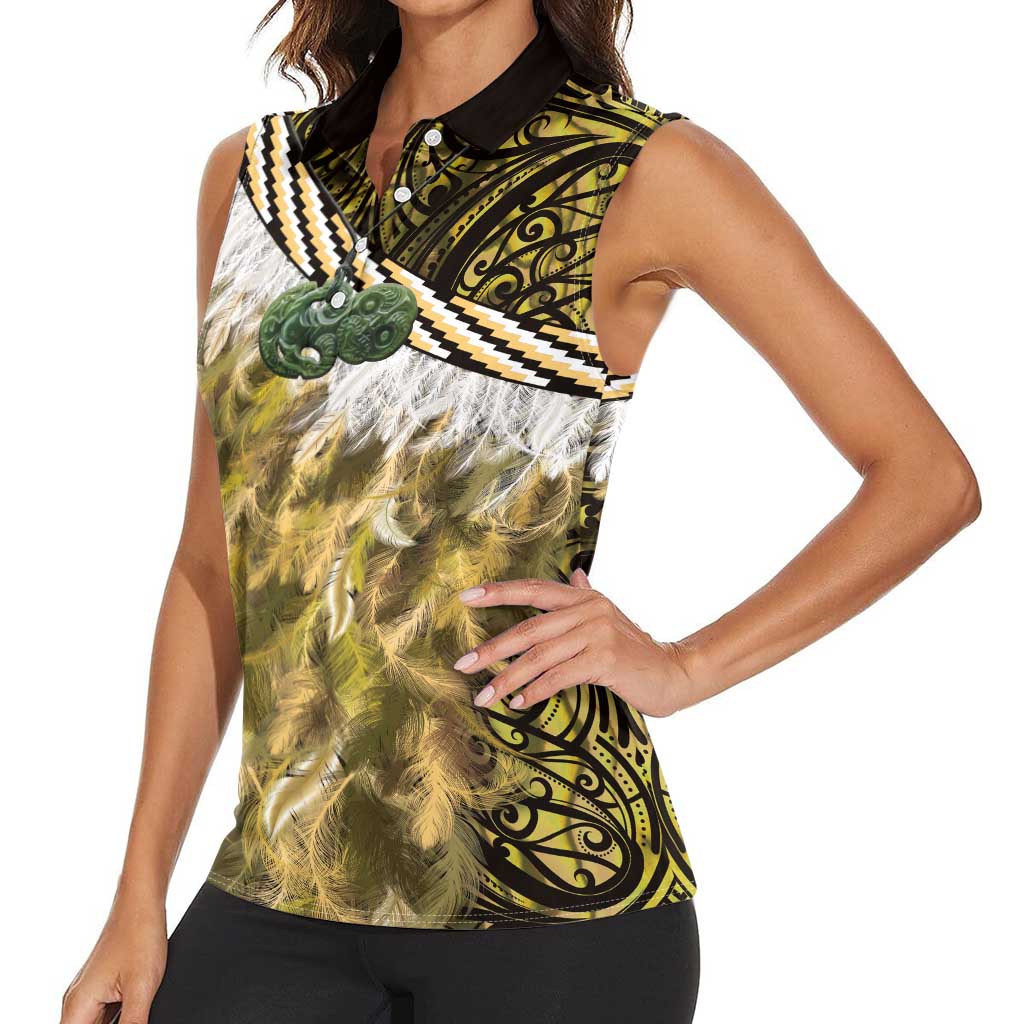 Yellow Traditional Cloak Aotearoa Women Sleeveless Polo Shirt Maori Paua Shell Korowai Pattern