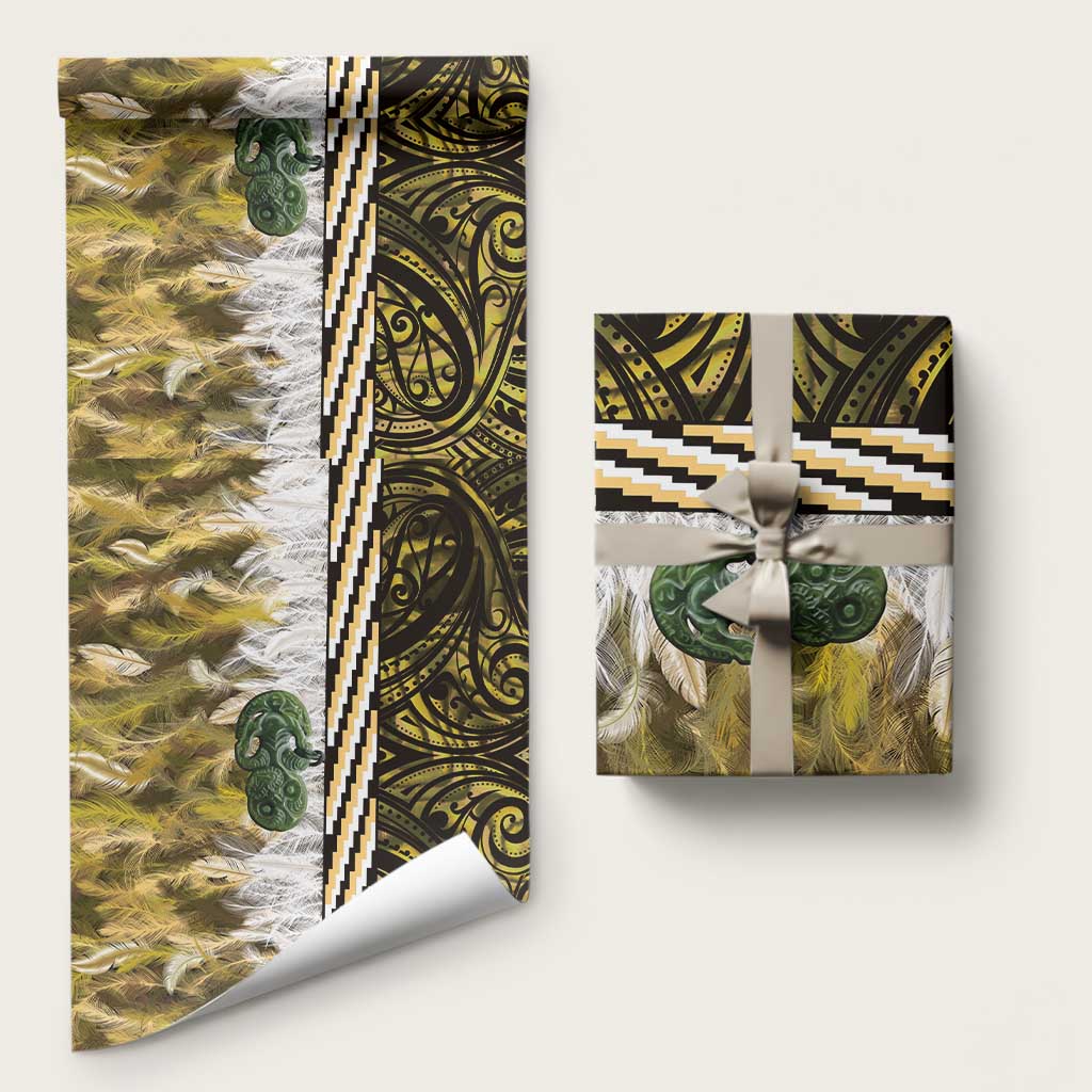 Yellow Traditional Cloak Aotearoa Wrapping Paper Maori Paua Shell Korowai Pattern - Polynesian Pride