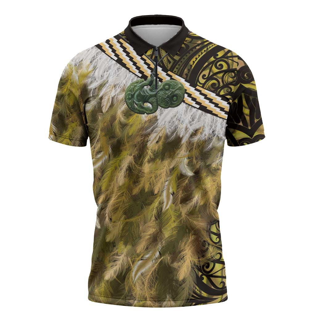 Yellow Traditional Cloak Aotearoa Zipper Polo Shirt Maori Paua Shell Korowai Pattern - Polynesian Pride
