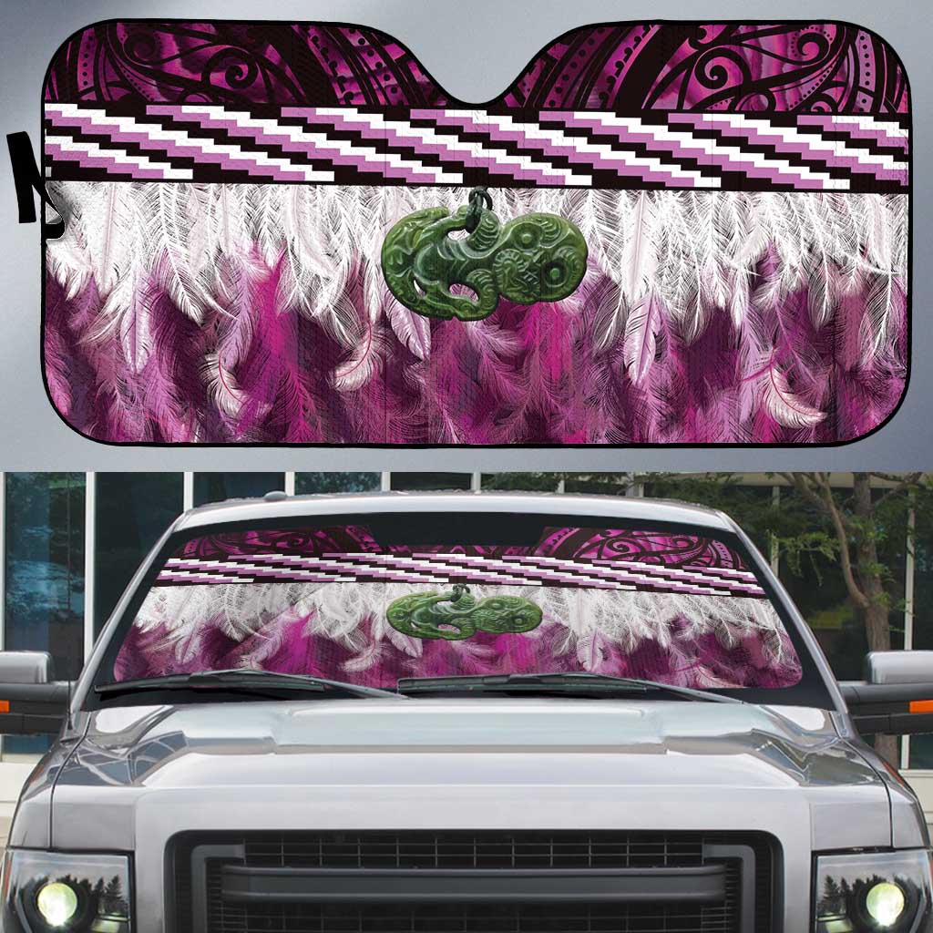 Pink Traditional Cloak Aotearoa Auto Sun Shade Maori Paua Shell Korowai Pattern - Polynesian Pride