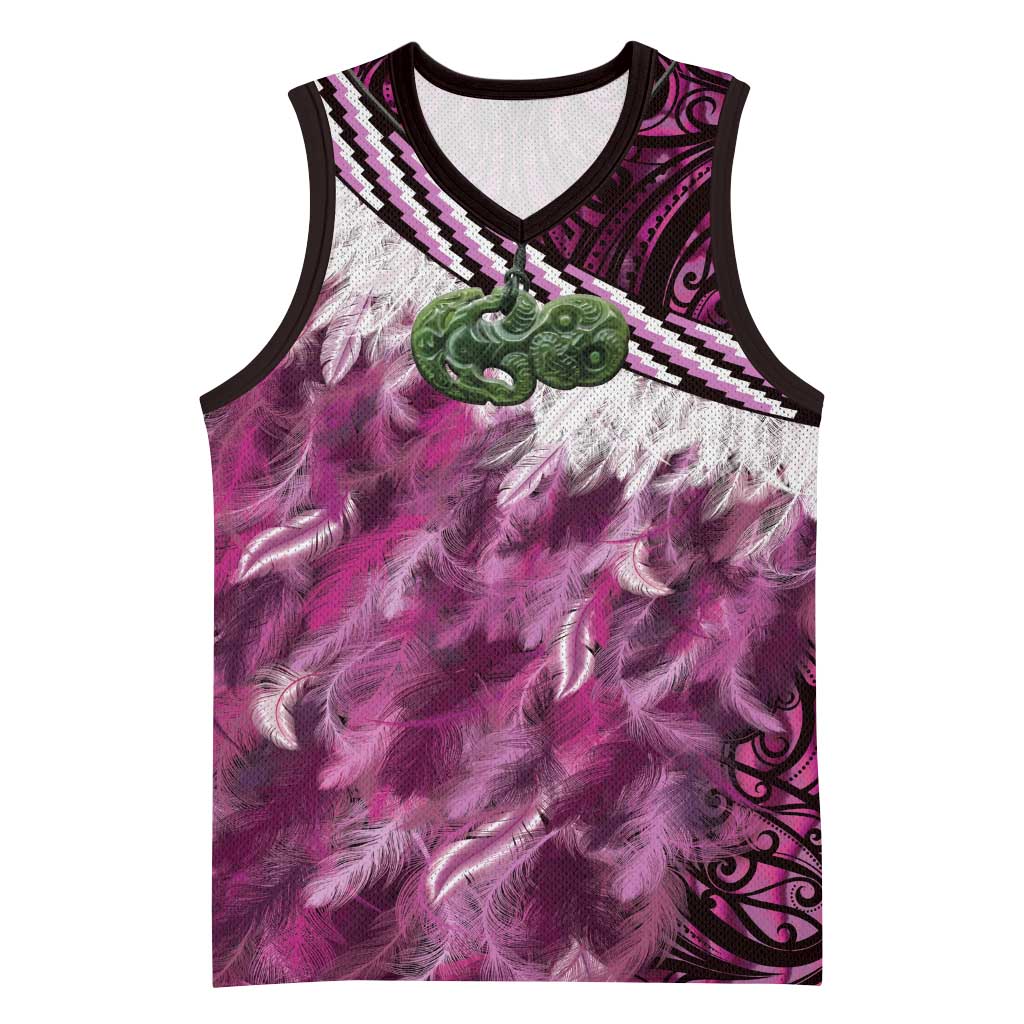 Pink Traditional Cloak Aotearoa Basketball Jersey Maori Paua Shell Korowai Pattern - Polynesian Pride