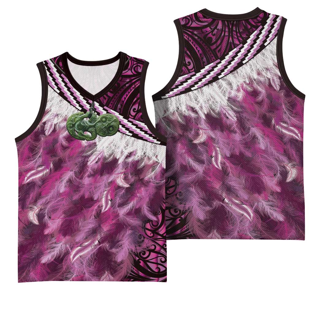 Pink Traditional Cloak Aotearoa Basketball Jersey Maori Paua Shell Korowai Pattern - Polynesian Pride