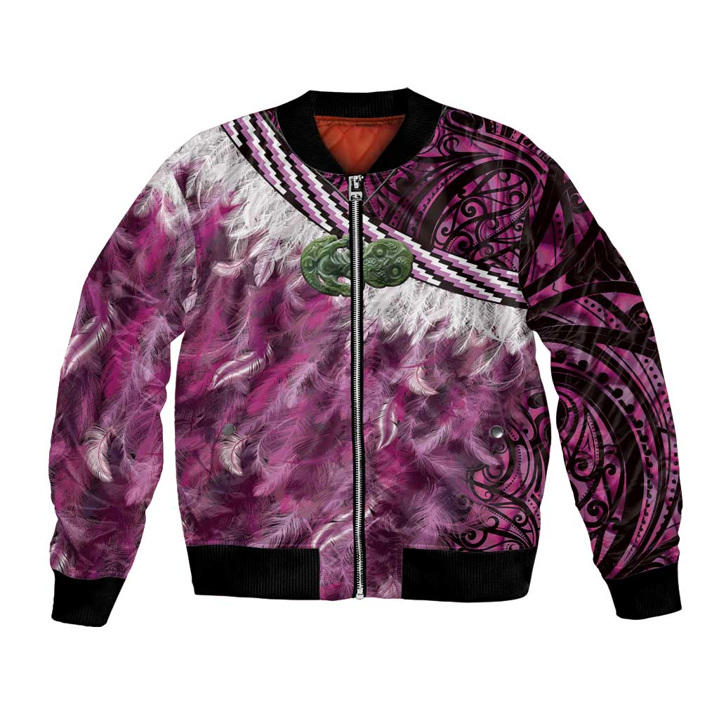 Pink Traditional Cloak Aotearoa Bomber Jacket Maori Paua Shell Korowai Pattern