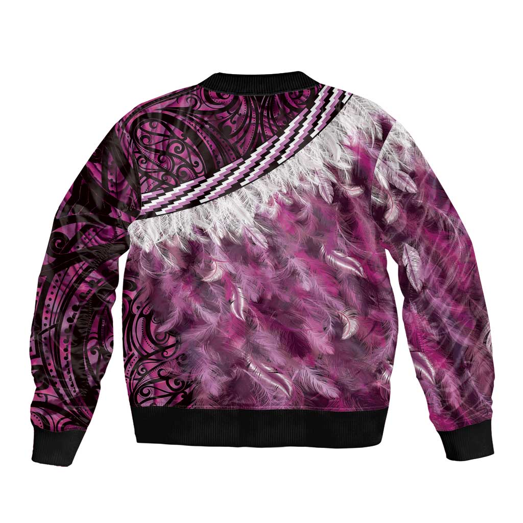 Pink Traditional Cloak Aotearoa Bomber Jacket Maori Paua Shell Korowai Pattern