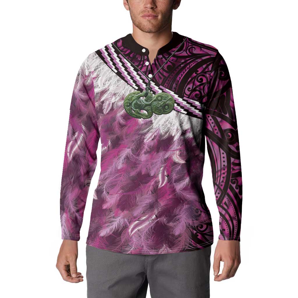Pink Traditional Cloak Aotearoa Button Sweatshirt Maori Paua Shell Korowai Pattern LT14 - Polynesian Pride
