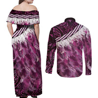 Pink Traditional Cloak Aotearoa Couples Matching Off Shoulder Maxi Dress and Long Sleeve Button Shirt Maori Paua Shell Korowai Pattern LT14 - Polynesian Pride