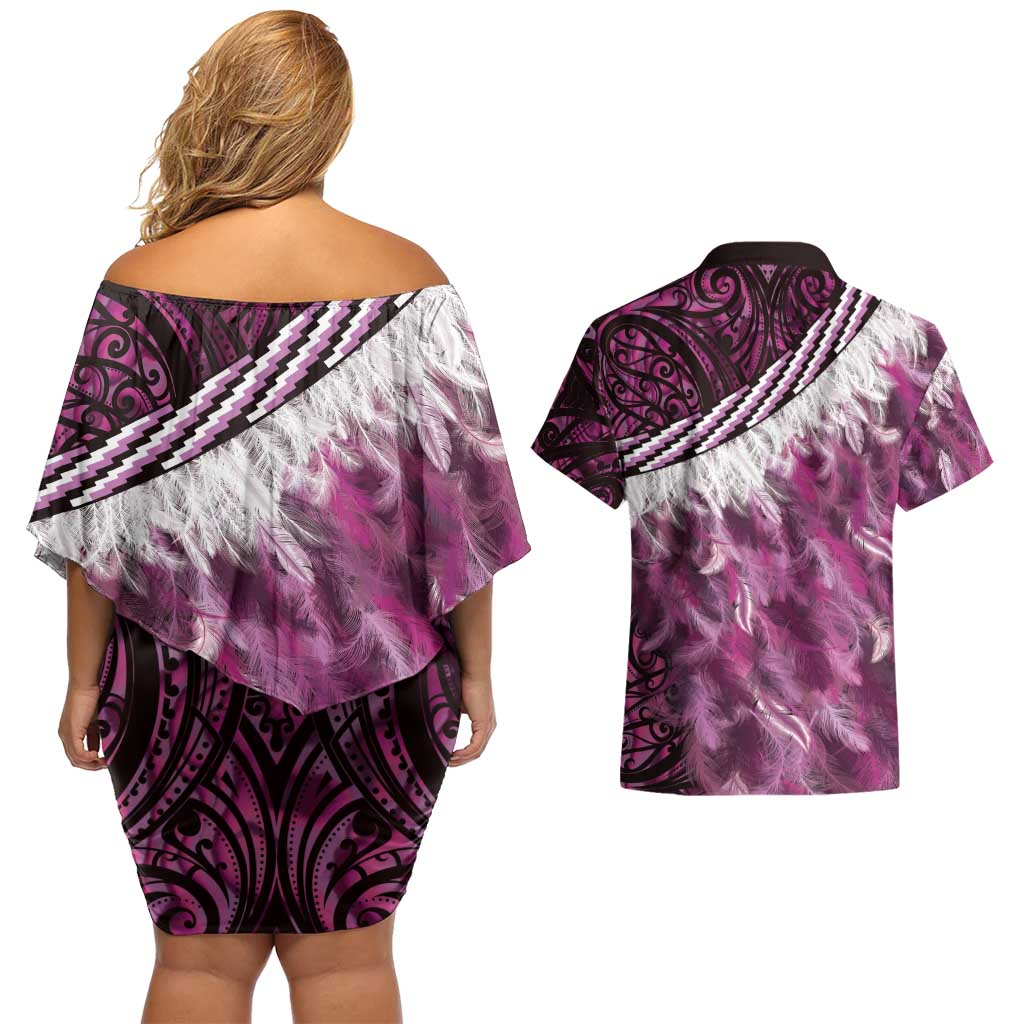 Pink Traditional Cloak Aotearoa Couples Matching Off Shoulder Short Dress and Hawaiian Shirt Maori Paua Shell Korowai Pattern LT14 - Polynesian Pride