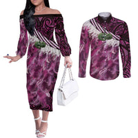 Pink Traditional Cloak Aotearoa Couples Matching Off The Shoulder Long Sleeve Dress and Long Sleeve Button Shirt Maori Paua Shell Korowai Pattern