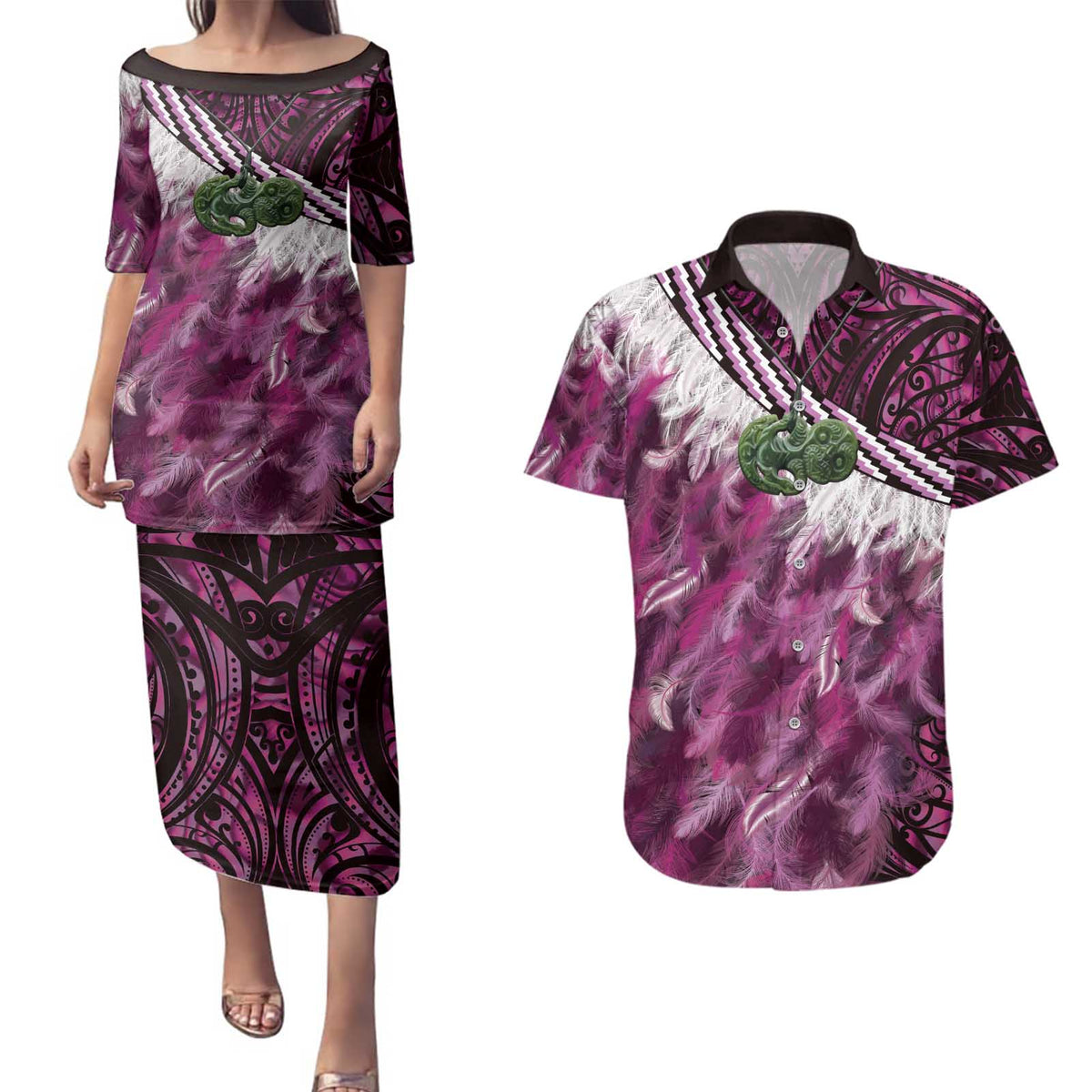 Pink Traditional Cloak Aotearoa Couples Matching Puletasi and Hawaiian Shirt Maori Paua Shell Korowai Pattern LT14 Pink - Polynesian Pride