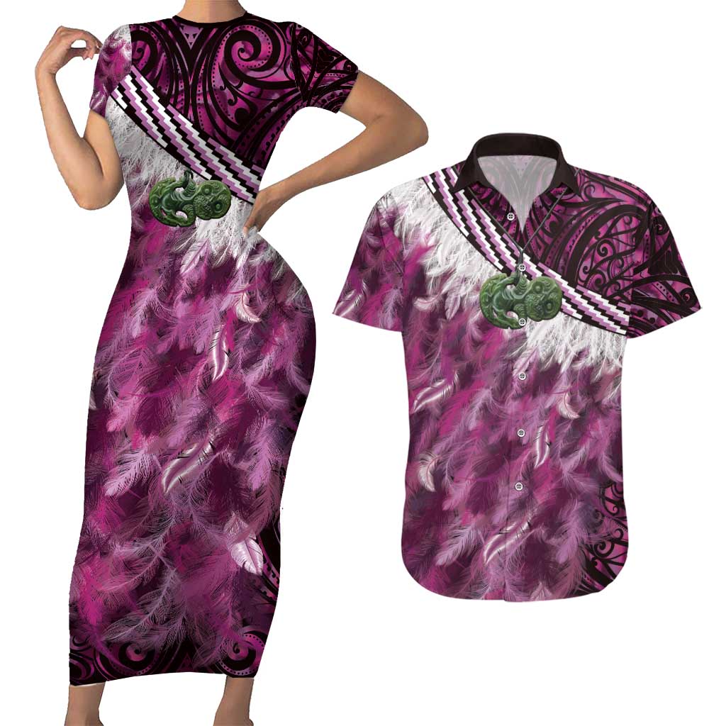 Pink Traditional Cloak Aotearoa Couples Matching Short Sleeve Bodycon Dress and Hawaiian Shirt Maori Paua Shell Korowai Pattern LT14 Pink - Polynesian Pride