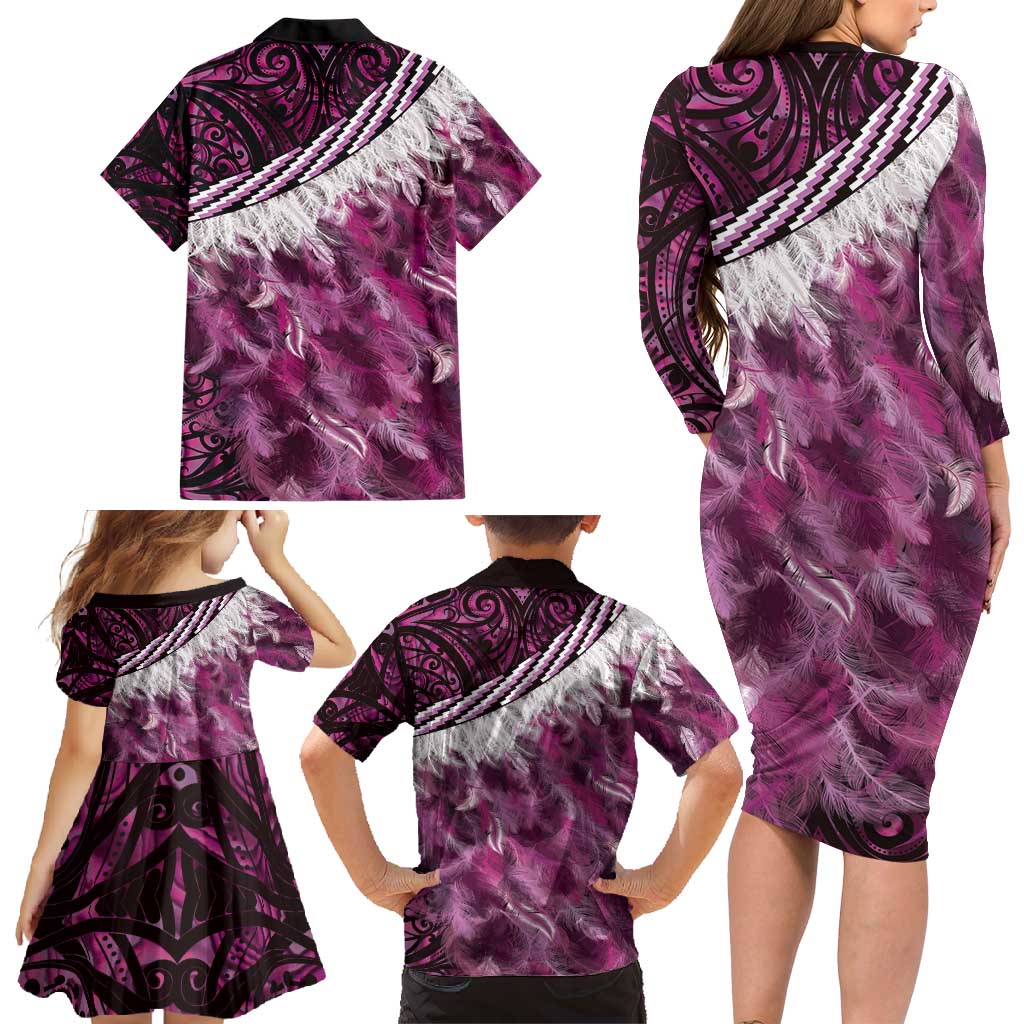 Pink Traditional Cloak Aotearoa Family Matching Long Sleeve Bodycon Dress and Hawaiian Shirt Maori Paua Shell Korowai Pattern