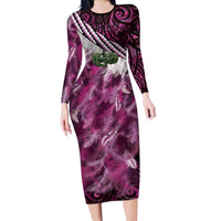 Pink Traditional Cloak Aotearoa Family Matching Long Sleeve Bodycon Dress and Hawaiian Shirt Maori Paua Shell Korowai Pattern