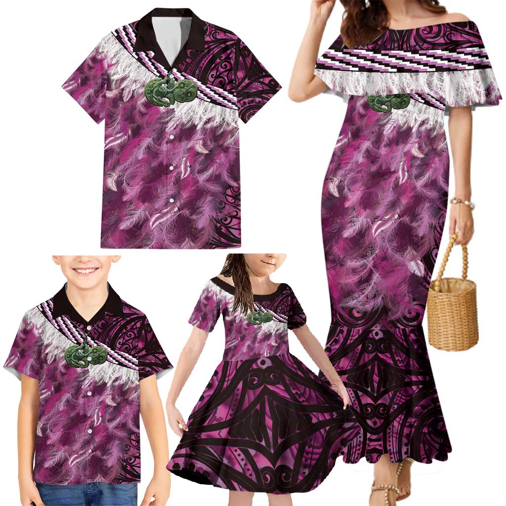 Pink Traditional Cloak Aotearoa Family Matching Mermaid Dress and Hawaiian Shirt Maori Paua Shell Korowai Pattern