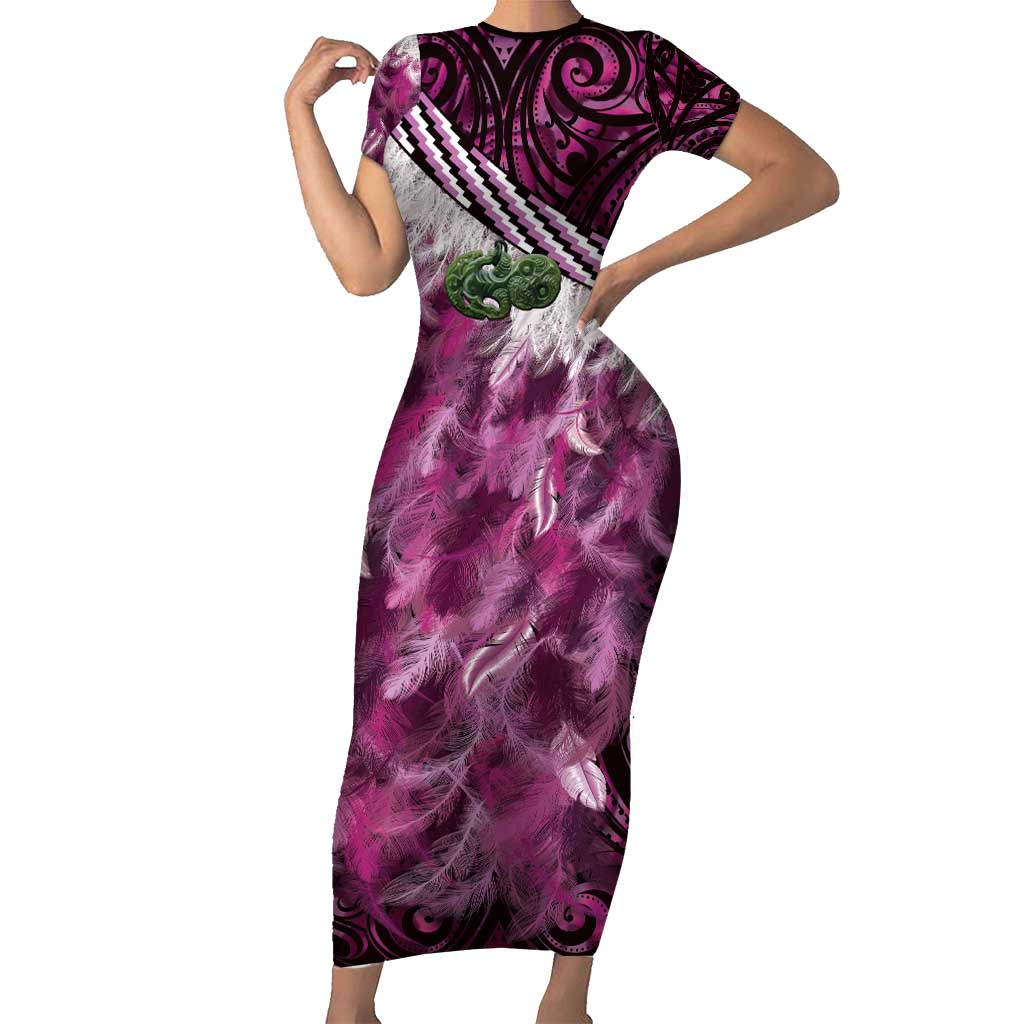 Pink Traditional Cloak Aotearoa Family Matching Short Sleeve Bodycon Dress and Hawaiian Shirt Maori Paua Shell Korowai Pattern