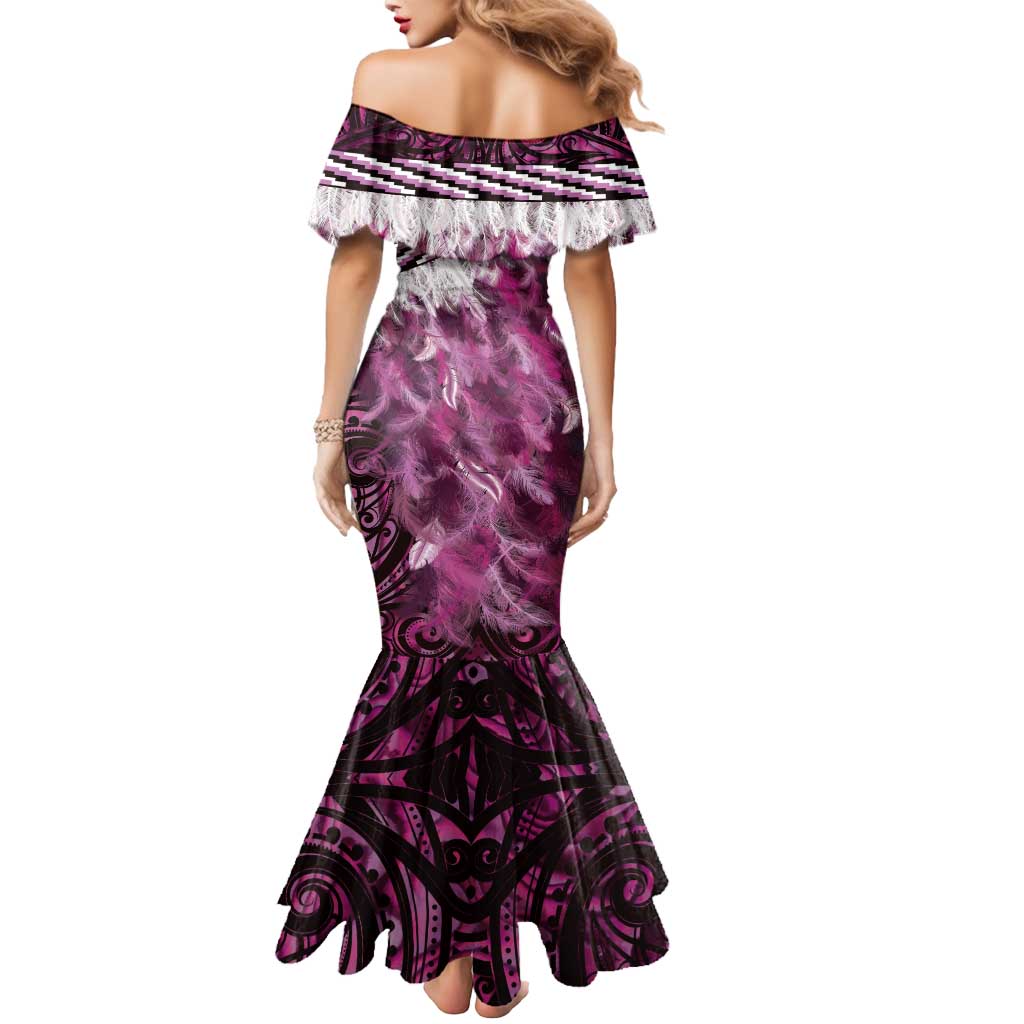 Pink Traditional Cloak Aotearoa Mermaid Dress Maori Paua Shell Korowai Pattern