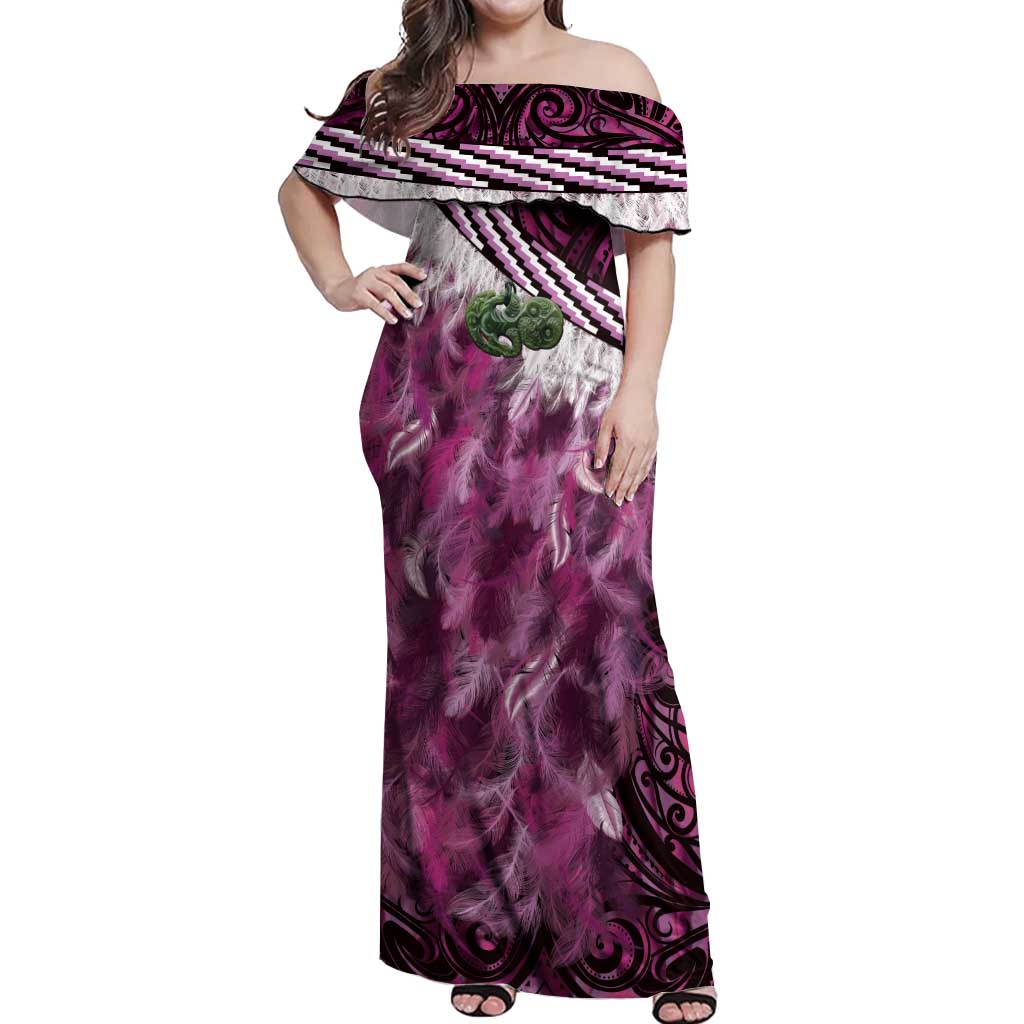 Pink Traditional Cloak Aotearoa Off Shoulder Maxi Dress Maori Paua Shell Korowai Pattern