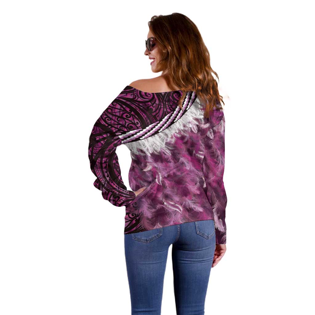Pink Traditional Cloak Aotearoa Off Shoulder Sweater Maori Paua Shell Korowai Pattern
